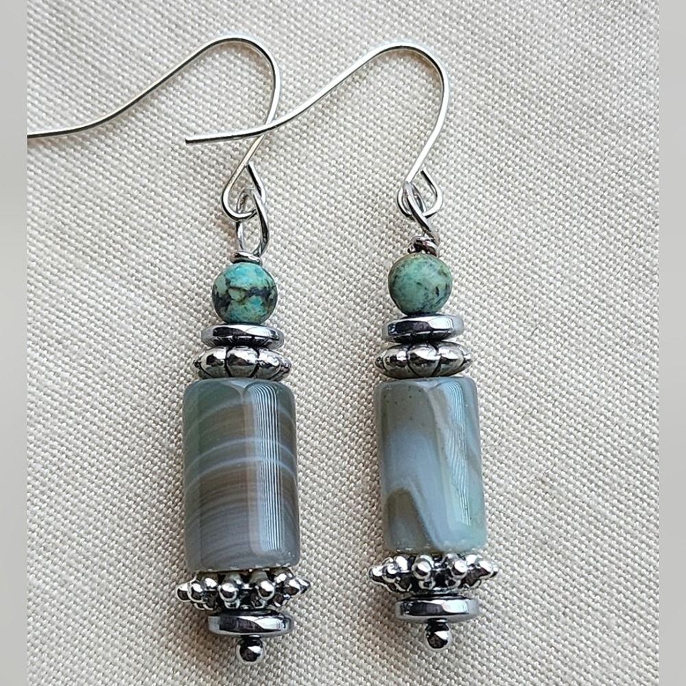 Green, brown and white stripe agate with turquoise dangle earrings 2B